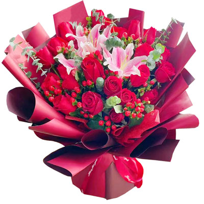 鹰潭22朵红玫瑰百合，爱的火焰